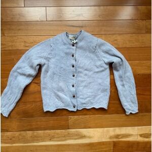 Vintage LL Bean Wool Cardigan Made in Scotland Blue Scalloped Hem size S